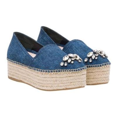 Miu Miu Embellished Denim Platform Espadrilles In Bleu